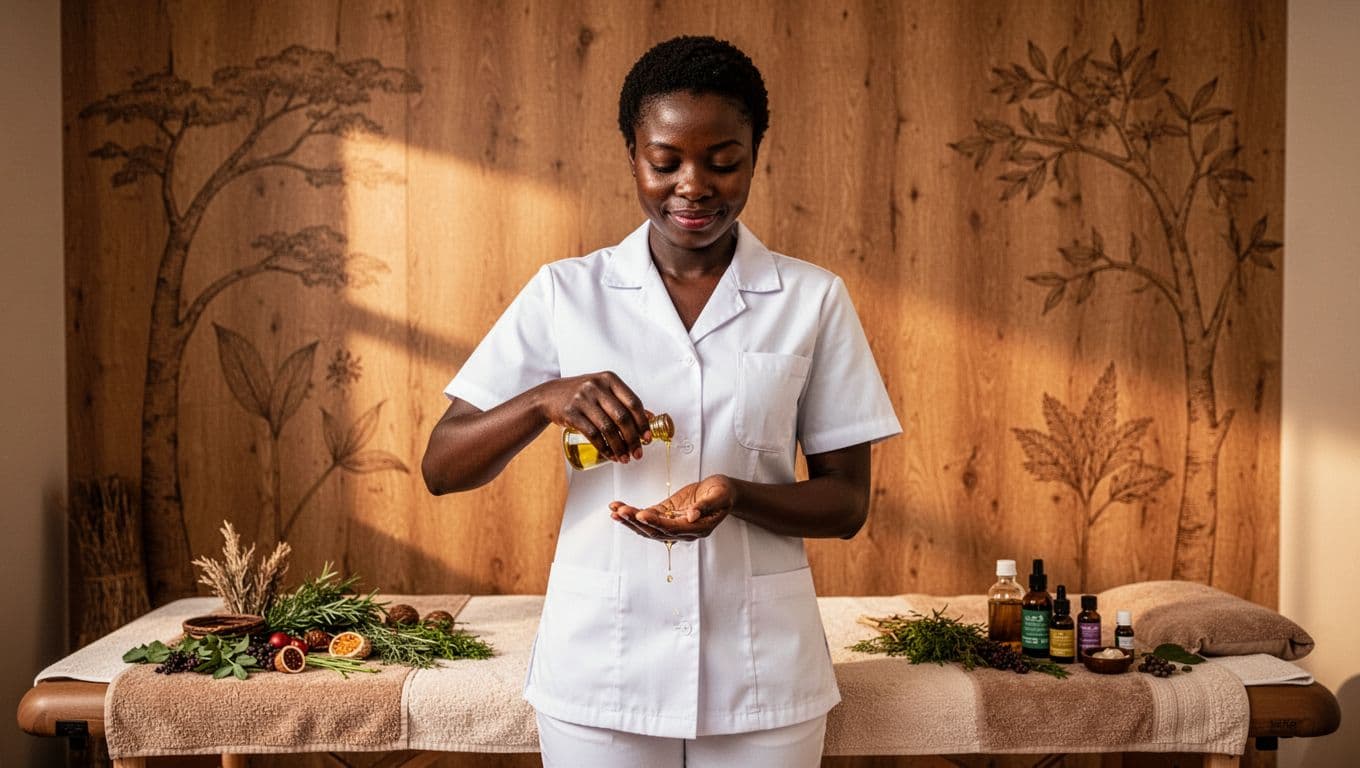 Professional mid-30s African female massage therapist in Nairobi spa, calmly applying oil to hands in white uniform, table with Kenyan herbs and essential oils, warm lighting, wooden nature background, photorealistic.