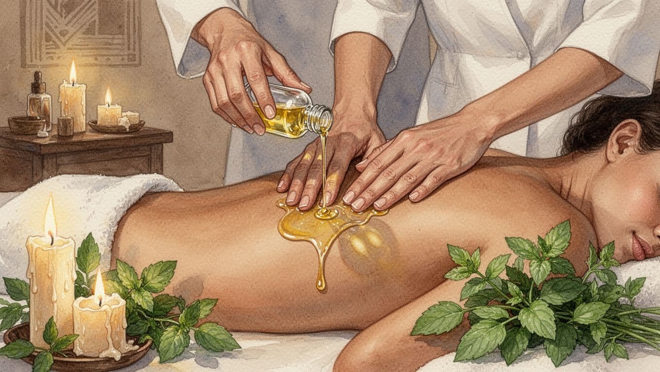Therapist drizzles essential oils from a glass bottle onto a client's back and massages with scented aromatherapy oil in an elegant Nairobi spa room adorned with candles and fresh herbs. Watercolor style featuring soft blending, visible brush texture, warm earthy tones, and soft lighting.