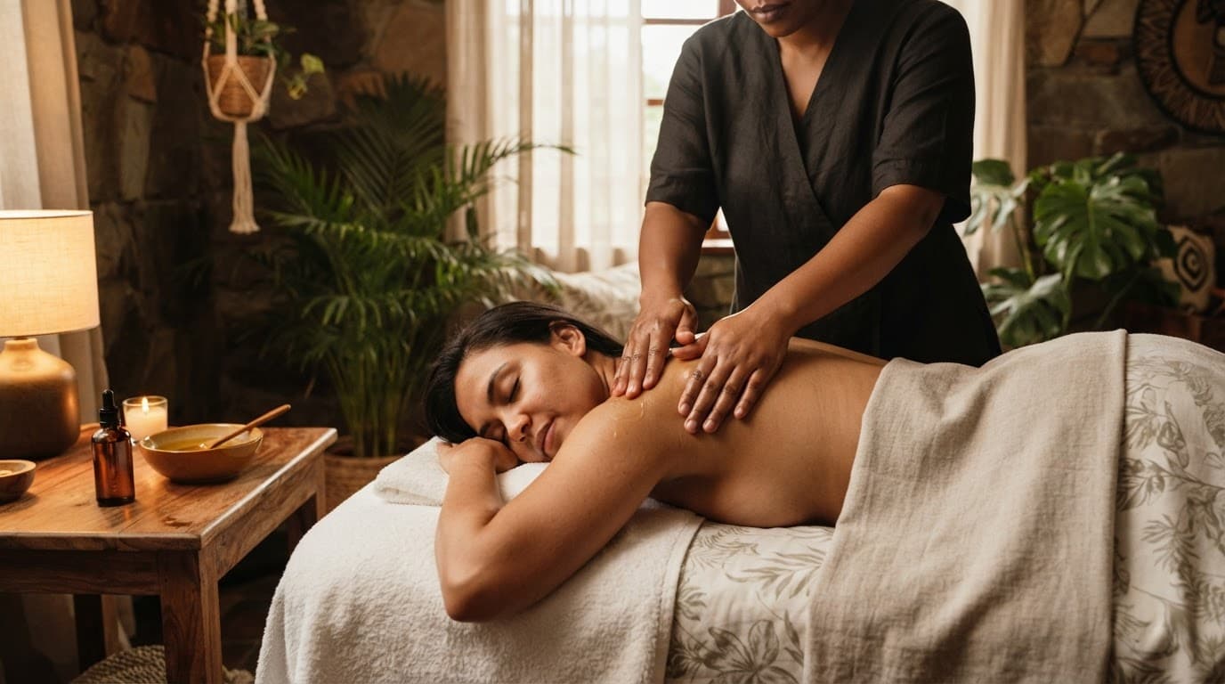Therapist applying oil during a massage beside an amber bottle and bowl.