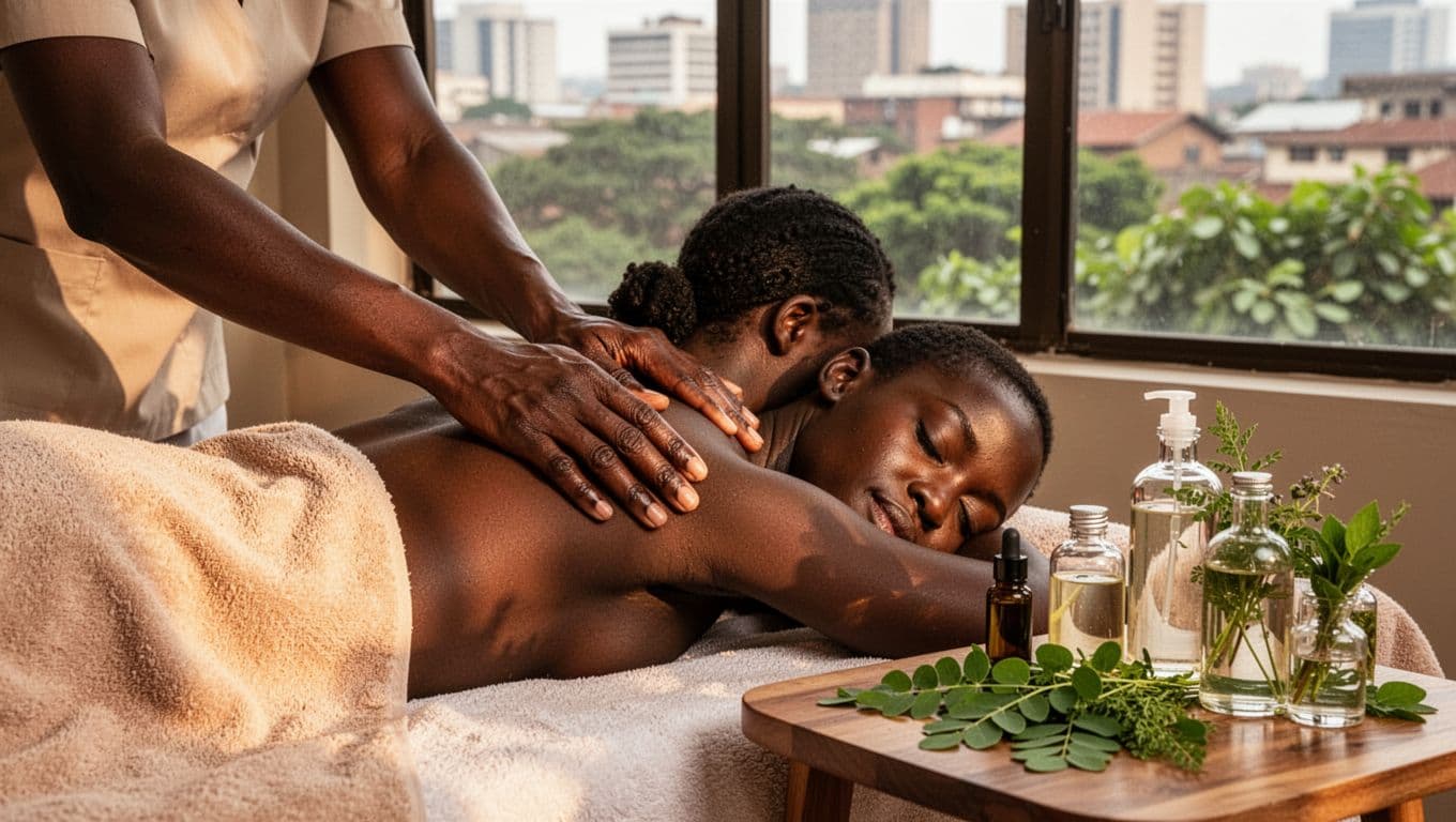 African therapist applies blended essential oils from Kenyan plants like moringa to a relaxed client's shoulders and neck in a serene Nairobi spa, with oil bottles and soft natural light creating a peaceful atmosphere.