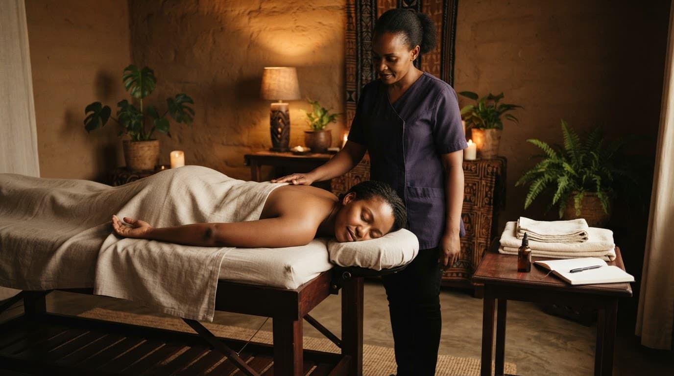 A client rests on a massage table while a therapist stands nearby in a warm spa room.