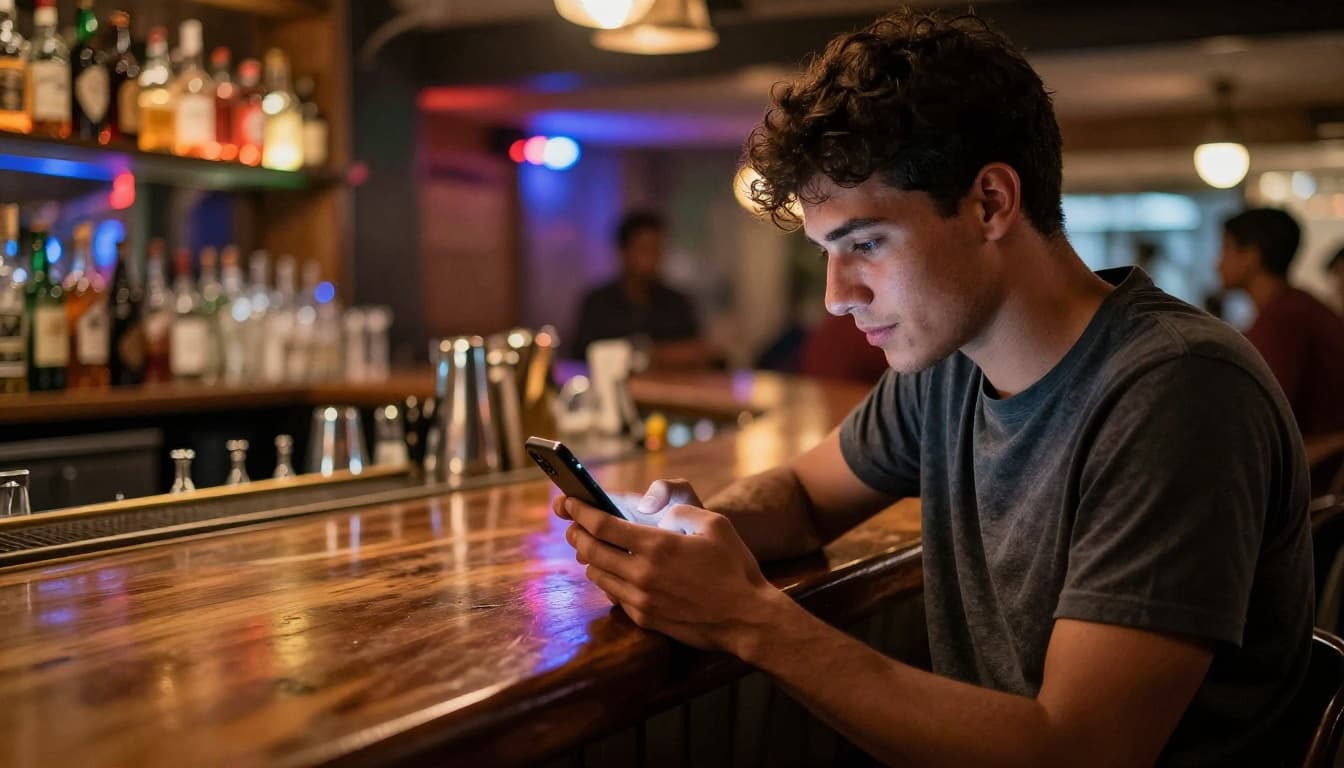 A young man in casual attire sits relaxed at a lively Nairobi bar counter at night, holding a smartphone to check reviews, with vibrant interior lights and bottles behind the bar.