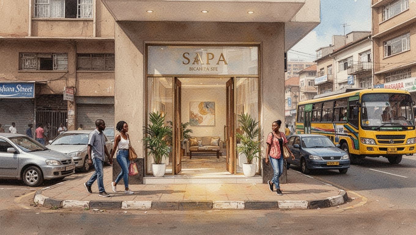 Vibrant yet serene daytime street scene on Biashara Street in Nairobi CBD, featuring the prominent entrance to Classic Comfort Massage & Spa, nearby parking spots with cars, two pedestrians, and easy access, rendered in watercolor style with soft blending, brush textures, and warm earth tones.