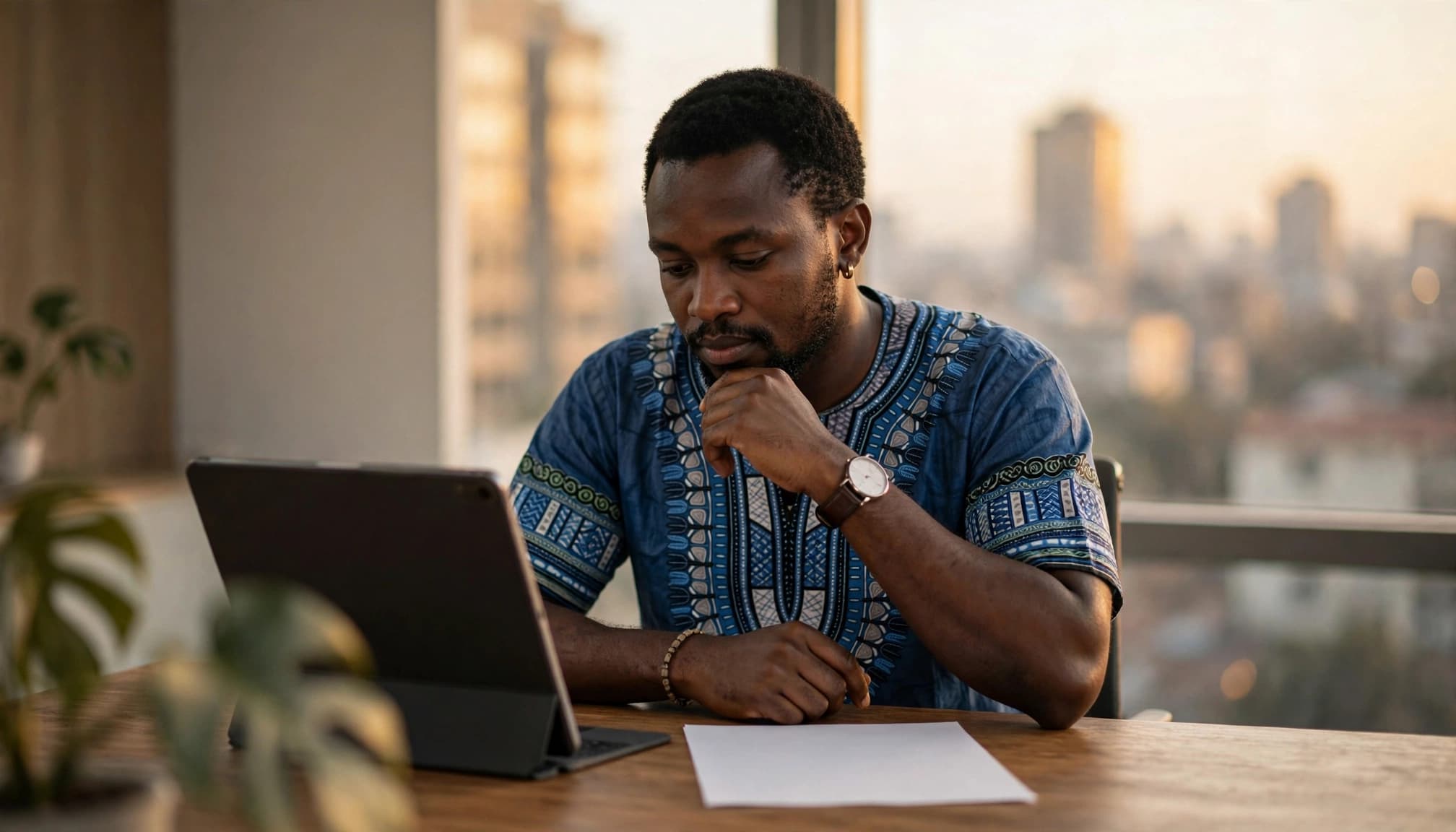 A business owner reviews a tablet beside a printed sheet in a Nairobi office.