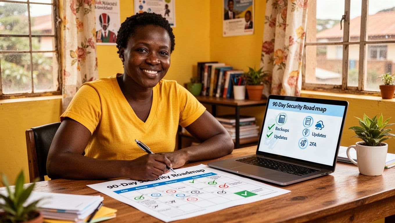 A relaxed Kenyan small business owner in a bright Nairobi home office reviews a printed 90-day security roadmap calendar on her desk, with a laptop displaying checklist icons for backups, updates, and 2FA.