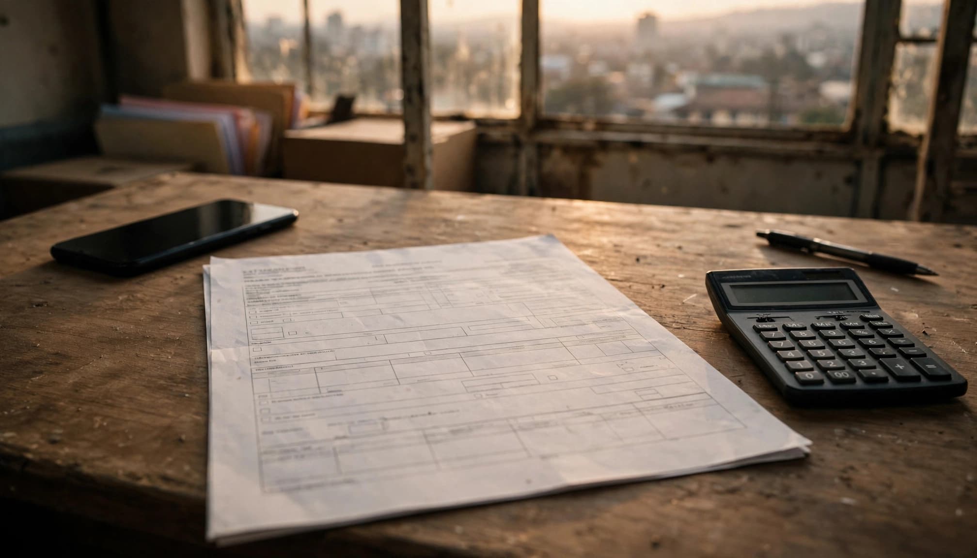An estimate sheet, calculator, pen, and phone on a table near a Nairobi office window.