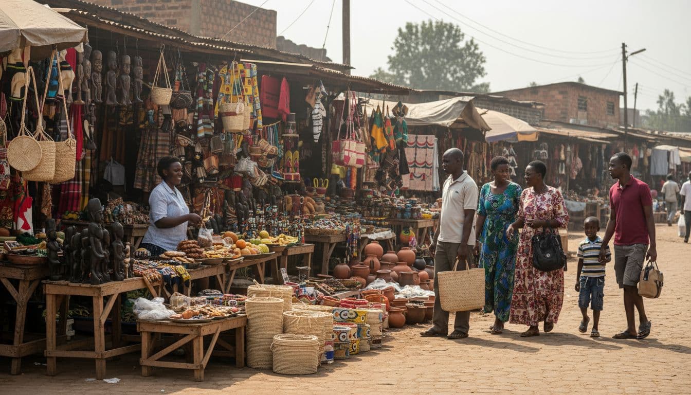 Busy Nairobi street market with colorful stalls selling crafts and food, people shopping casually under vibrant daylight, wide-angle realistic photography.