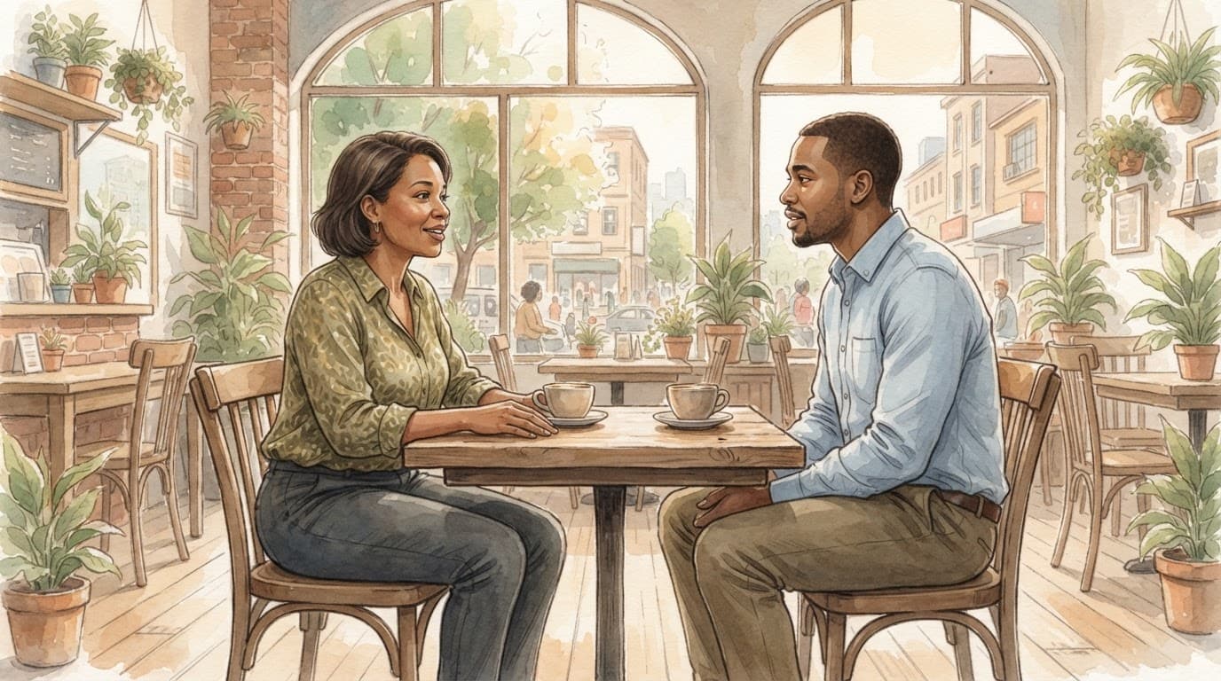 A woman and man talk across a table in a bright Nairobi cafe.
