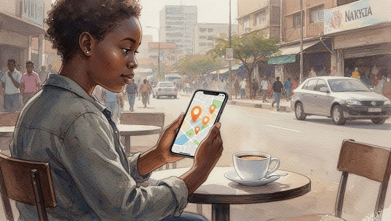 One person at urban Nairobi cafe table holds smartphone with Google Maps showing blurred spa pins in Kilimani, relaxed expression, coffee nearby, watercolor style with soft blending and warm tones.