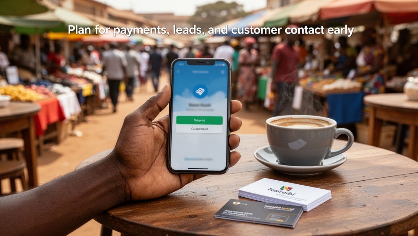 A smartphone held relaxed in one hand on a Nairobi cafe table displays a blurred mobile payment confirmation screen, with business cards and a coffee cup nearby against a vibrant blurred outdoor market background under natural sunlight.
