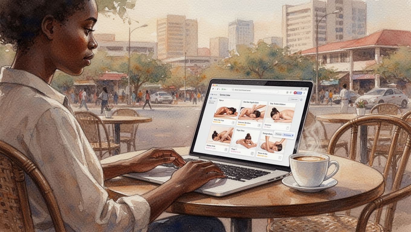 One person relaxes at an outdoor cafe table in Nairobi with an open laptop showing spa options and a nearby coffee cup, in soft watercolor style with warm earthy tones and afternoon light.