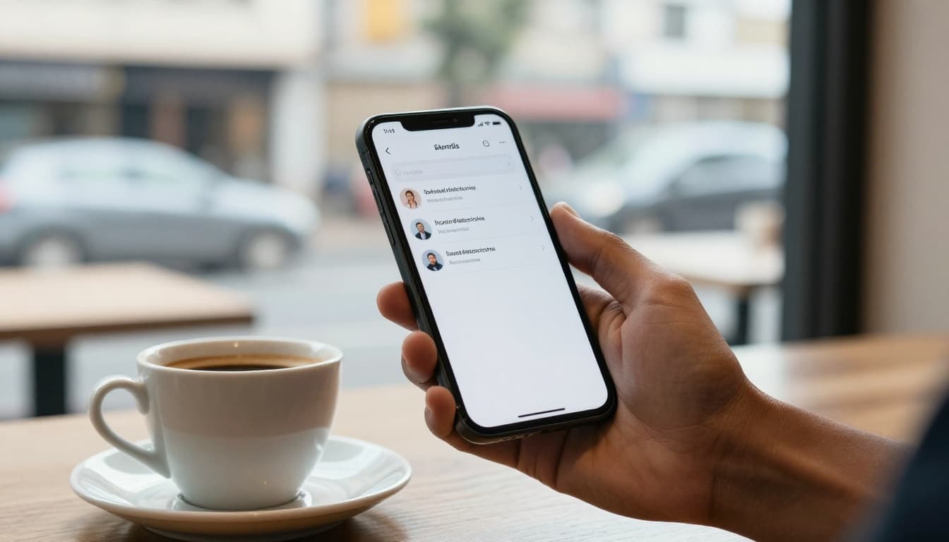 A person in a modern Nairobi cafe browses a mobile directory app on their smartphone held naturally in one hand, relaxed posture at a table with a coffee cup nearby, blurred urban street view through the window, realistic photography in soft natural daylight.
