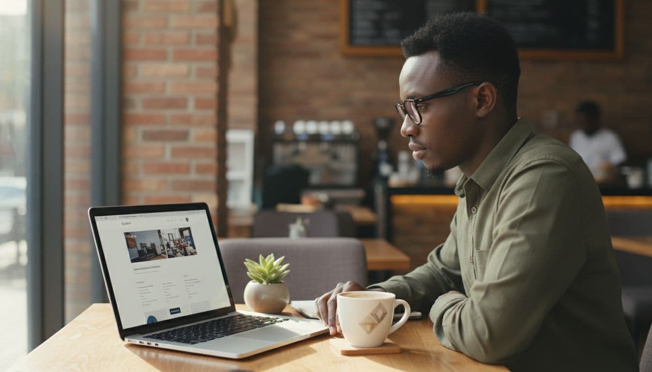 A small business owner in a cozy Nairobi cafe reviews a modern website on a laptop screen, focused intently at an angle with warm natural light and a clean workspace including a coffee mug.