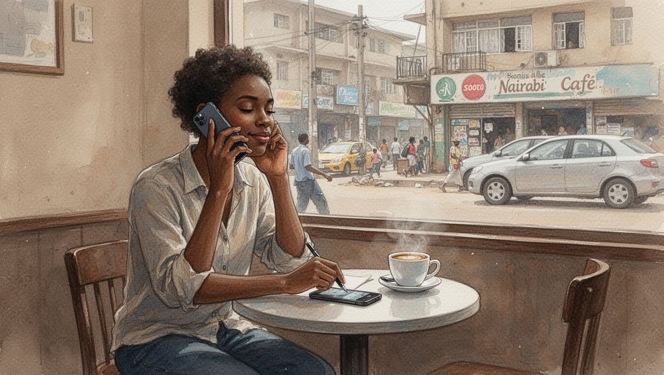 A relaxed person sits at a table in a cozy Nairobi cafe, holding a smartphone to their ear while booking a massage spa appointment, with a coffee cup on the table and urban window view in soft watercolor style.