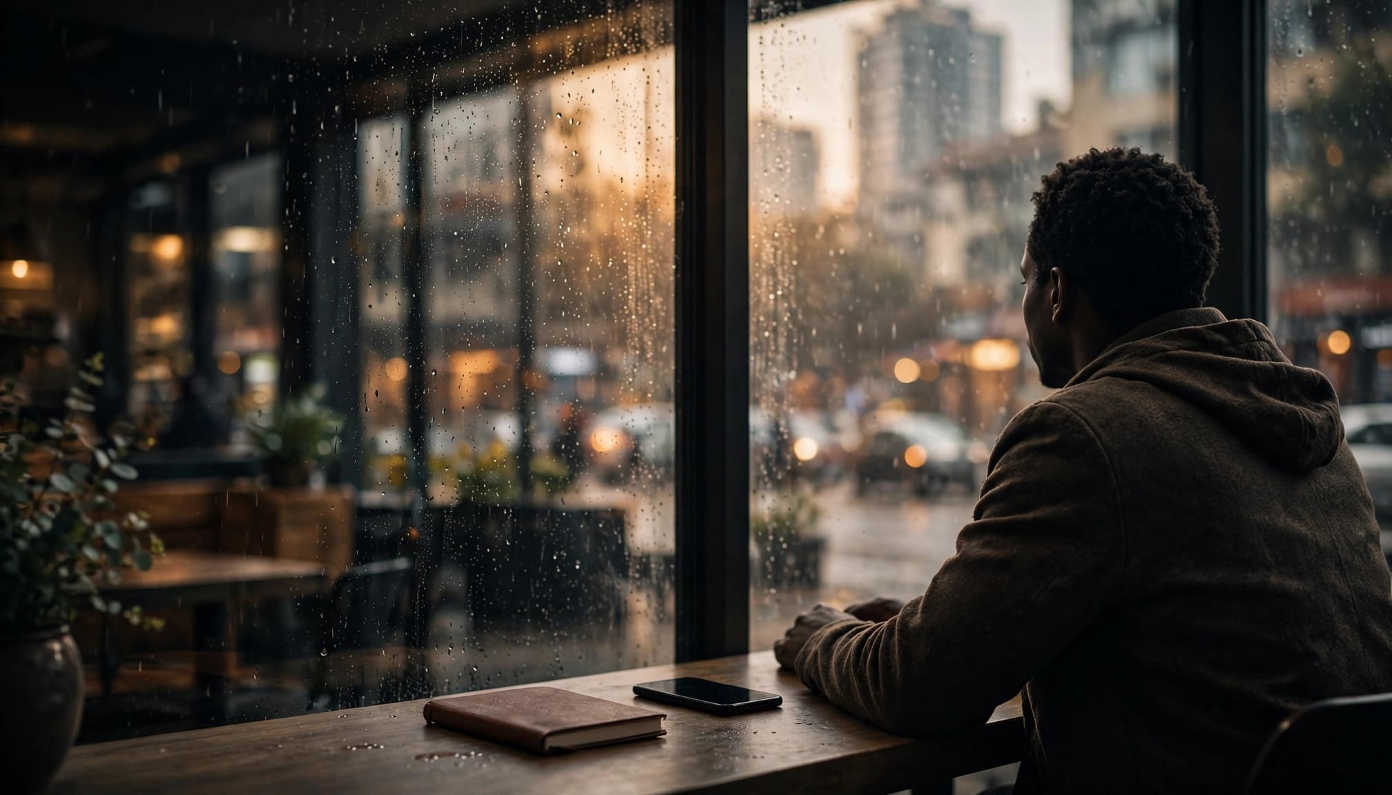 Male Escorts Nairobi: Browse With Care Hotescorts.co.ke-Sexy Female Escorts in Nairobi-Nairobi Escorts A person reviews a phone beside a closed notebook in a rainy Nairobi cafe.