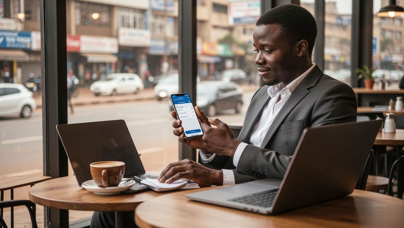 A business professional seated alone in a modern Nairobi cafe reviews appointment details on a smartphone, with coffee beside a closed laptop. Soft morning light streams through large windows with a blurred city street view, conveying a relaxed and discreet booking process.