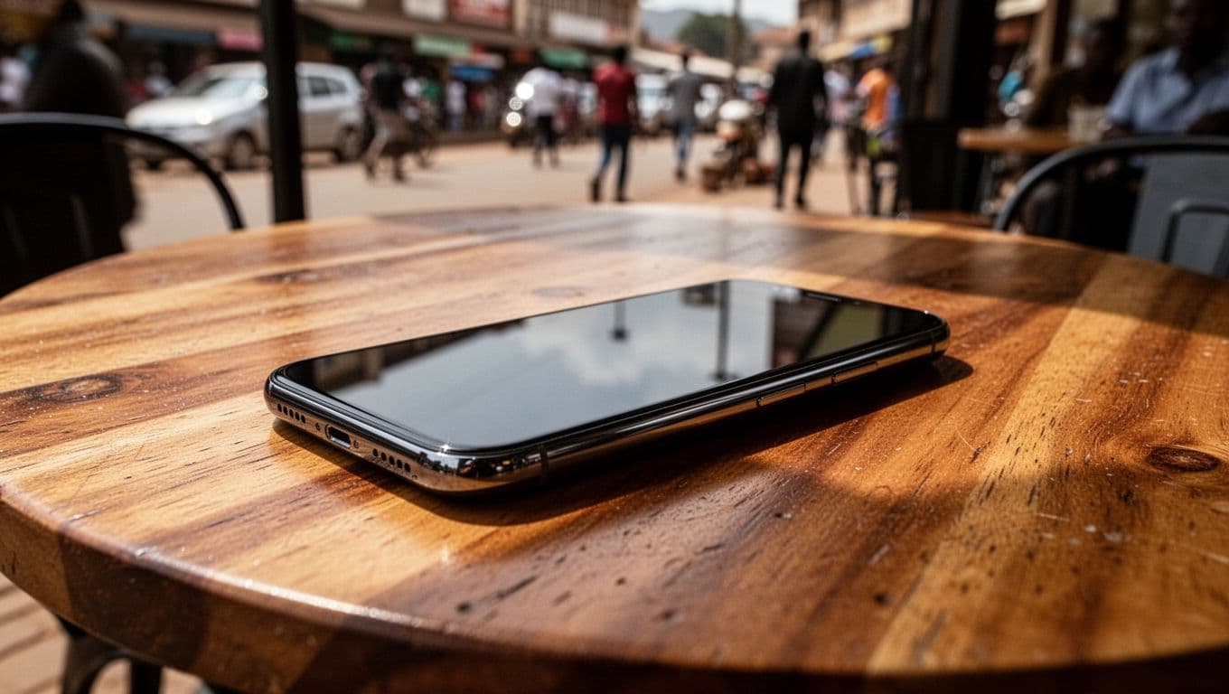 A smartphone rests on a wooden cafe table in Nairobi.