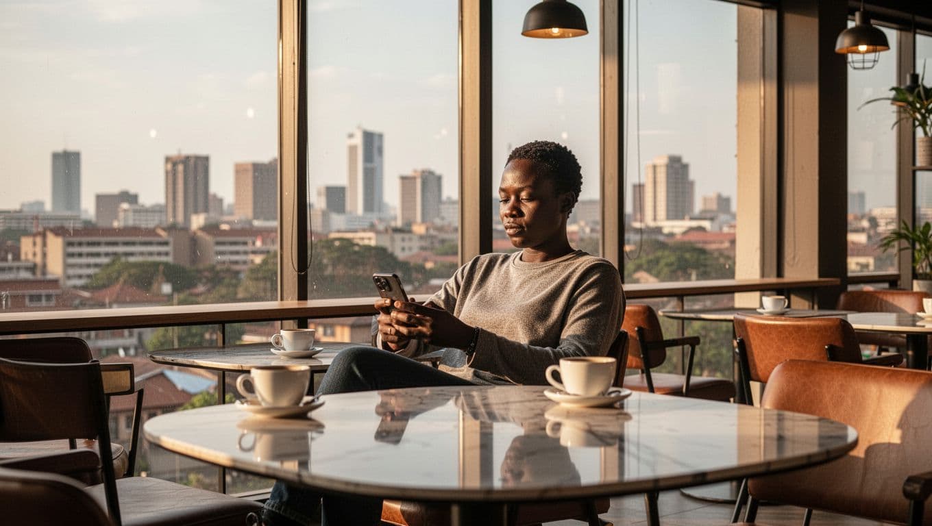 A person sits comfortably in a modern Nairobi cafe, using a smartphone to read spa reviews and book a massage appointment online, with a relaxed expression and city background visible through the window.