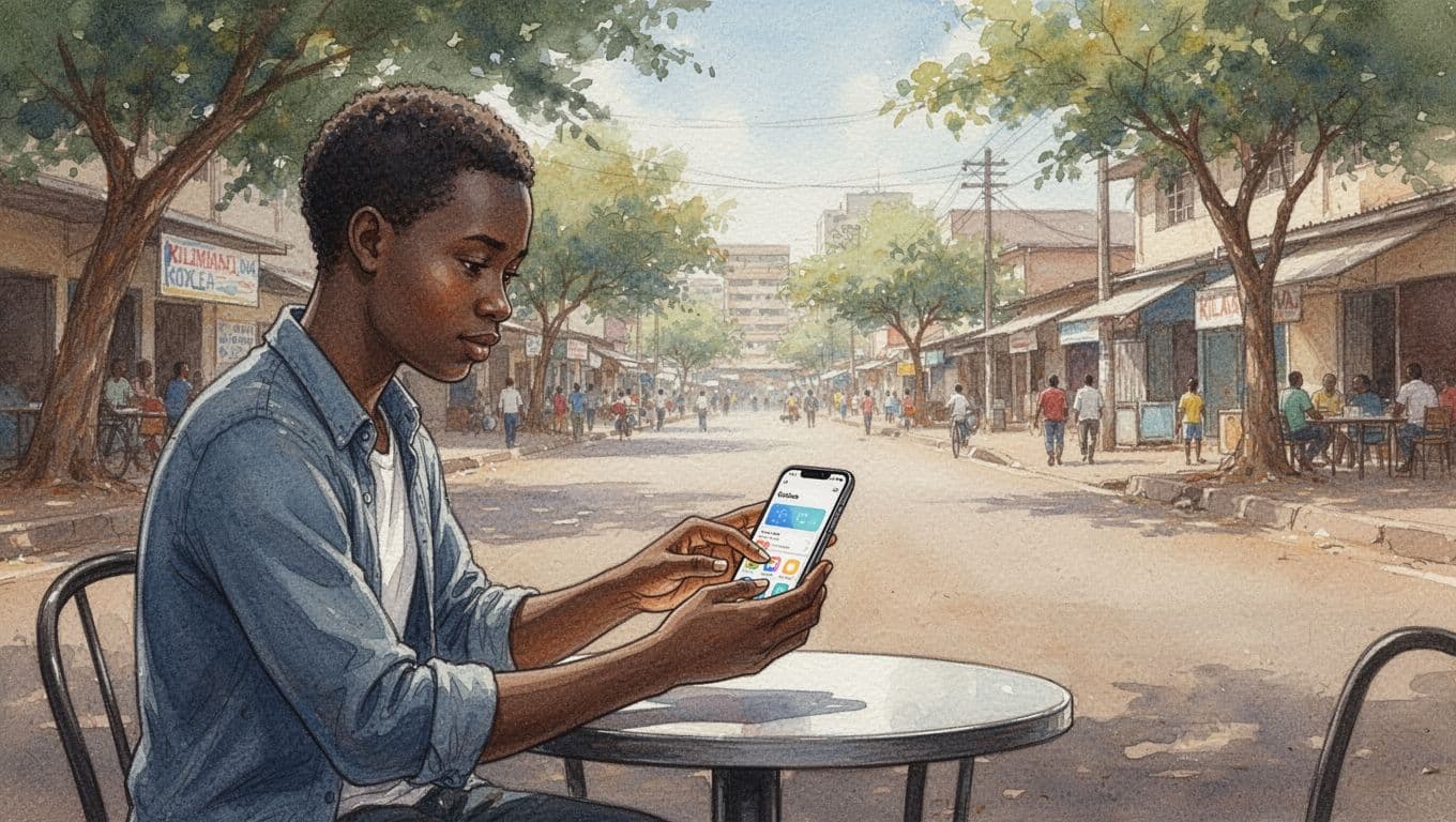 Person seated at outdoor cafe table in urban Nairobi holds smartphone scrolling spa reviews, blurred Kilimani street background, watercolor style.