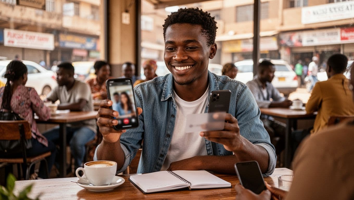 A young man in a busy daytime Nairobi cafe holds a smartphone for a quick video call verifying a dating profile, with blurred screen angled away, natural smile, coffee cup and notebook on table, blurred patrons and street view background.