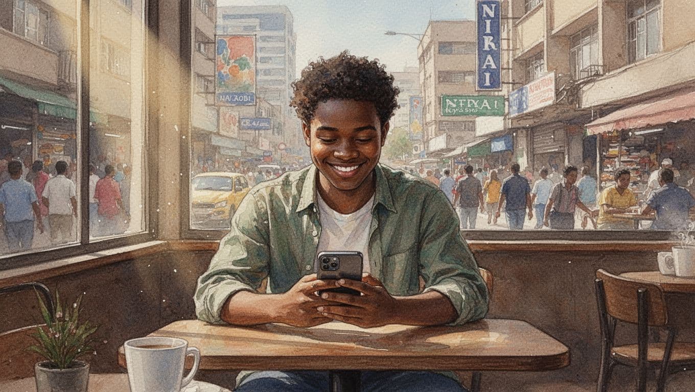 A single relaxed client in Nairobi CBD sits at a cafe table, happily checking WhatsApp on their smartphone to book a massage appointment at Classic Comfort Spa, smiling with anticipation as warm sunlight filters through the window. Watercolor style features soft blending, visible brush texture, and warm earth tones with soft lighting.