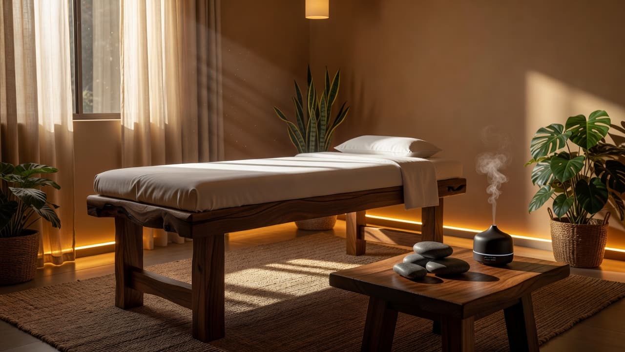 A wooden massage table covered in crisp white linens sits centrally in a serene room. A small diffuser and river stones rest on a side table near lush green corner plants.