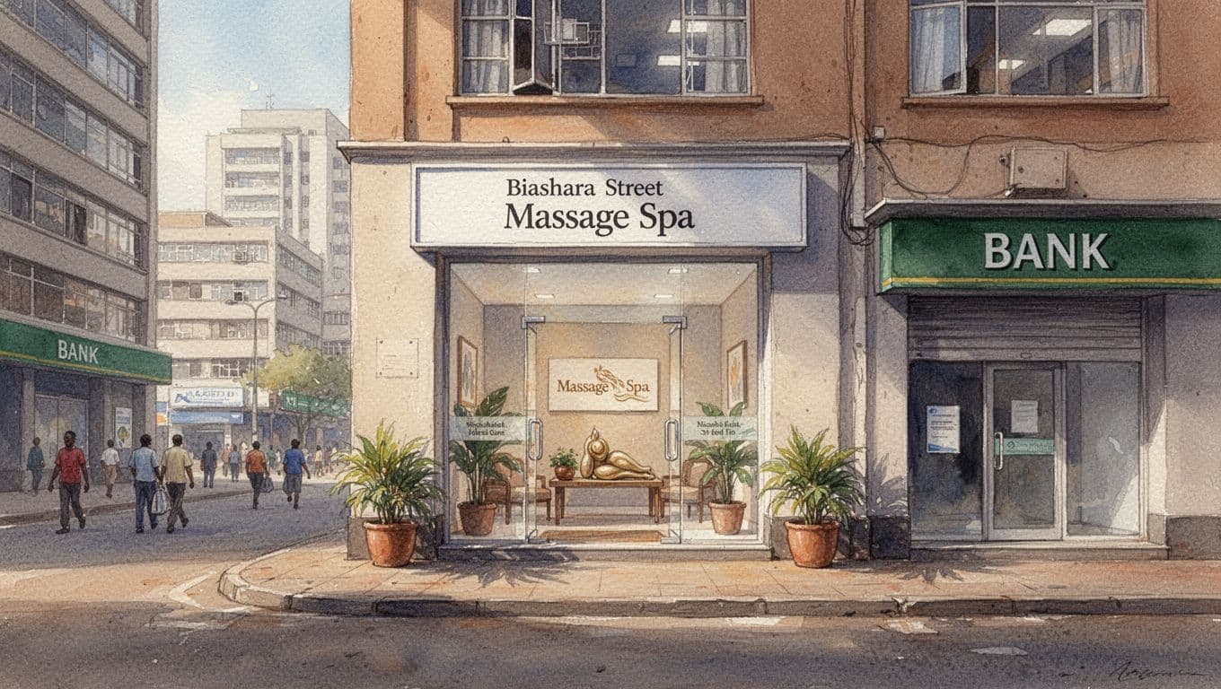 Serene entrance to a massage spa on busy Biashara Street in Nairobi CBD, opposite a bank in a walkable urban setting, with blurred background and soft warm afternoon lighting in watercolor style.