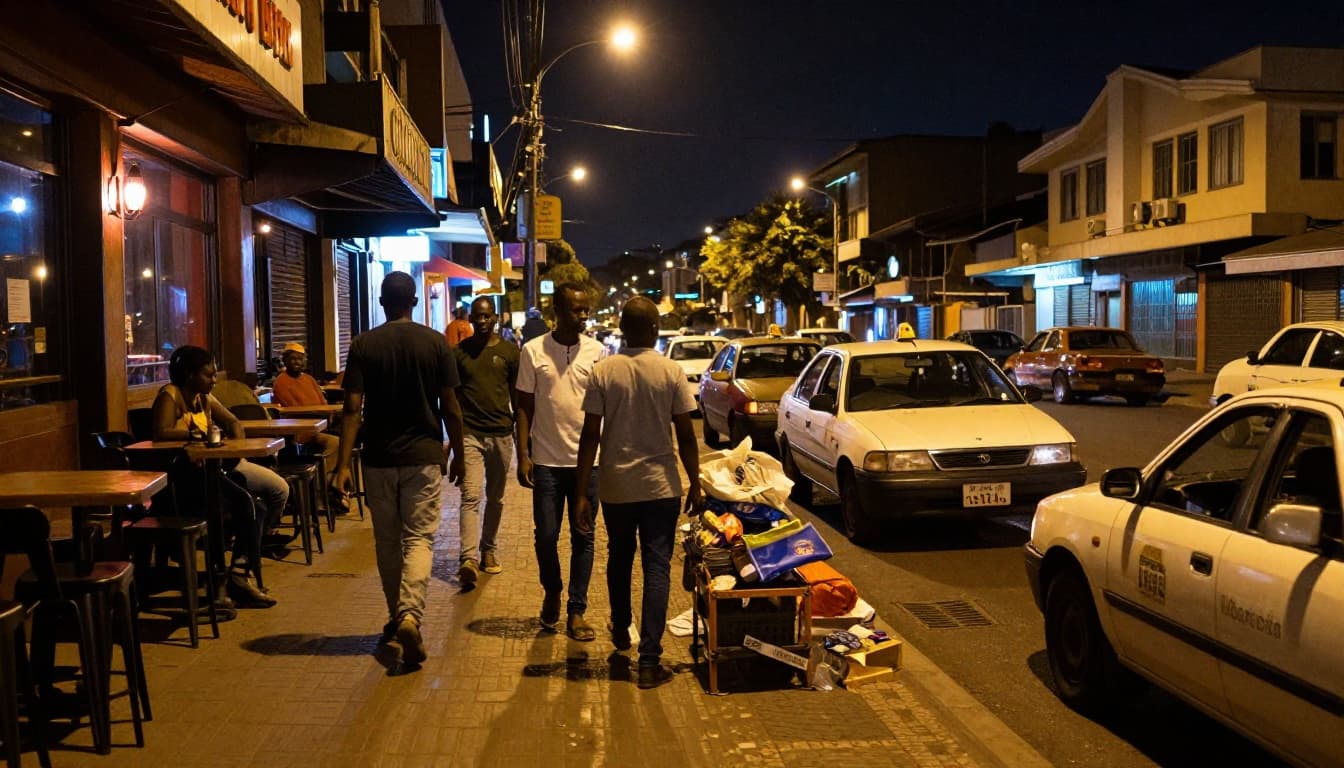 Adult Entertainment in Nairobi for Foreign Visitors at Night Vibrant yet gritty late-night street scene in Nairobi CBD near Keekorok Road, with dimly lit bars glowing neon, waiting taxis, four relaxed adults walking, and street vendors packing up under warm streetlamps and cool shadows.