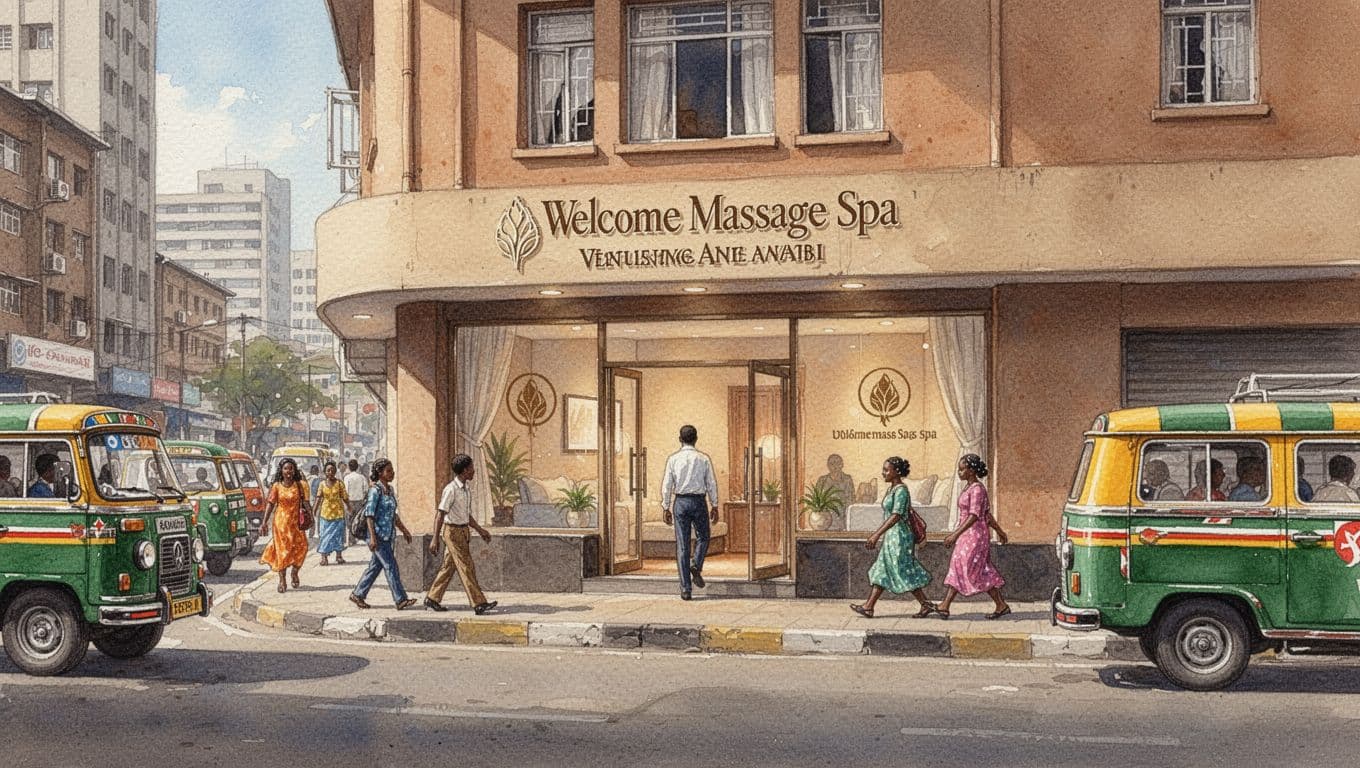 Exterior view of a welcoming massage spa on a busy Nairobi CBD street like Biashara Street, with matatus, pedestrians, warm lighting, and one person entering, in watercolor style with soft blending and earth tones.
