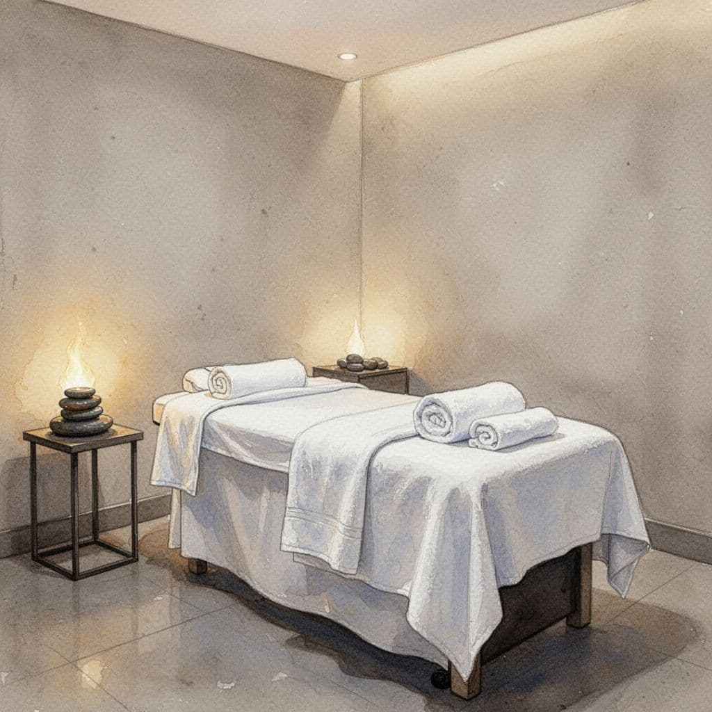 A minimalist spa treatment room features a pristine massage bed and soft warm lighting.