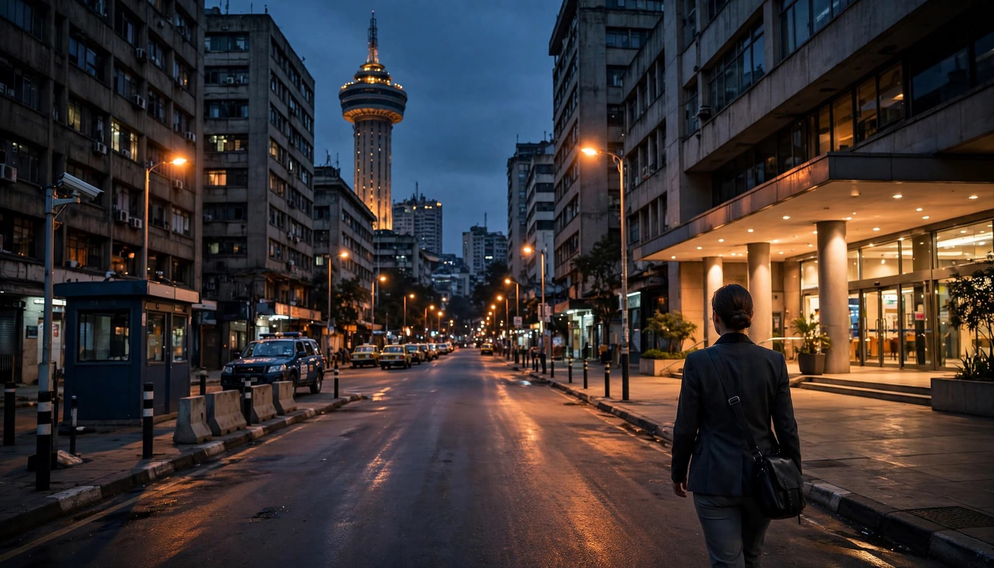 A woman walks toward a well-lit public entrance on a Nairobi street at dusk.