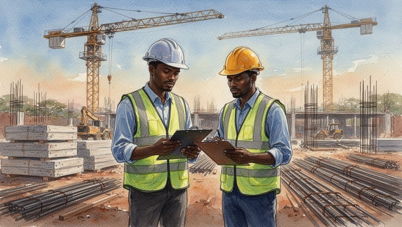 Watercolor style depiction of a supervisor in safety vest and helmet holding a clipboard, reviewing progress with two workers on a neat Kenyan construction site in Nairobi, featuring organized materials, a background crane, and warm afternoon light.