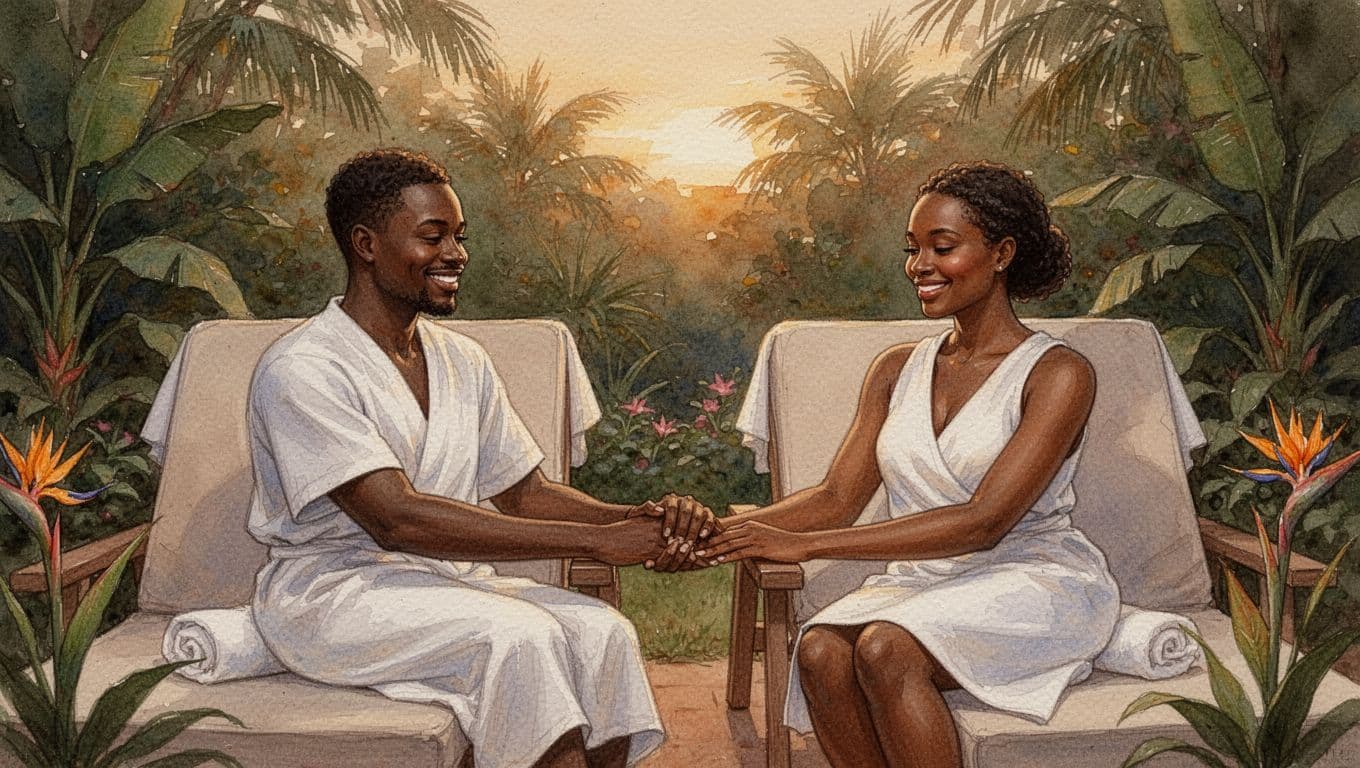 Serene couple sharing a quiet moment on lounge chairs after a couples massage in a Nairobi spa garden, holding hands and smiling softly with blurred tropical plants and evening golden light in watercolor style.
