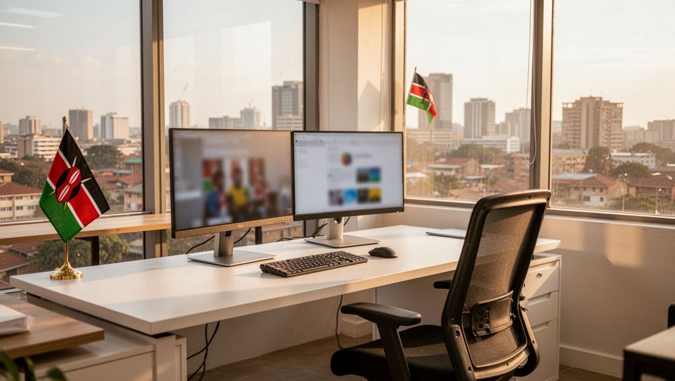 Bright modern Nairobi office workspace for customer support with clean desk, keyboard, mouse, dual blurred screens, comfortable chair, subtle Kenyan flag on shelf, and large window showing Nairobi skyline in warm sunlight.