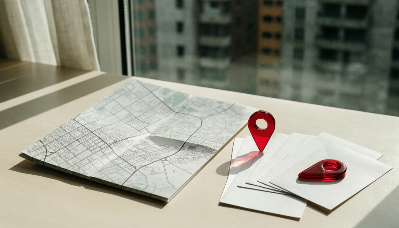 Nairobi Escorts: How to Compare Listings and Contact Providers A map, blank cards, and two red map pins on a sunlit table.