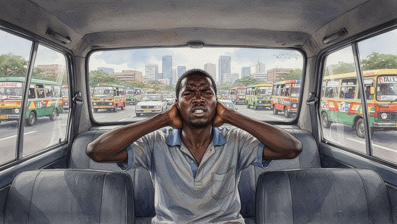Massage in Nairobi: Types, Prices, and Fortune Spa in Langata 2 Driver rubs tense neck in car during Thika Road traffic jam, distant city buildings and matatus visible.