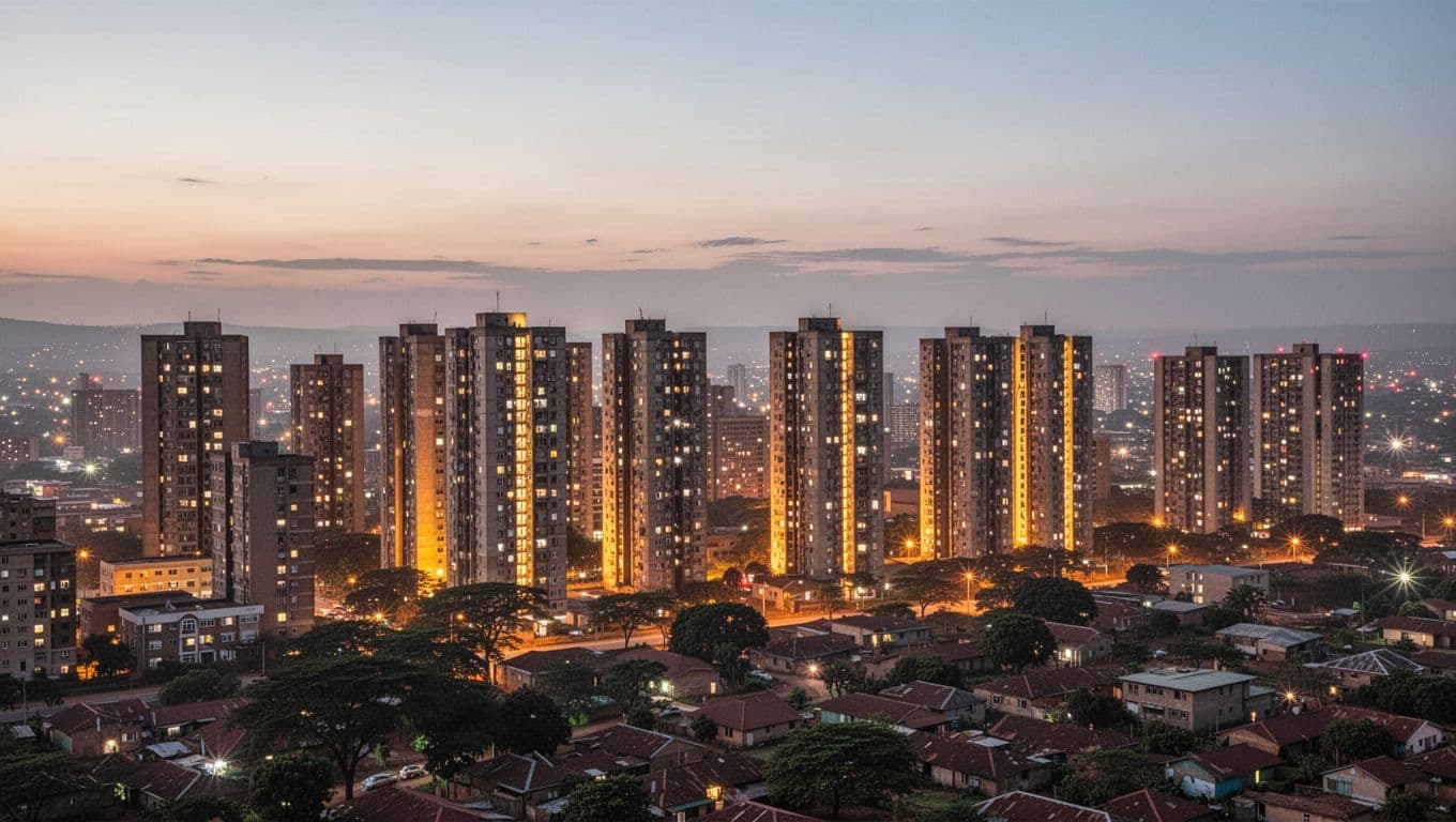 Nairobi high-rises glow against the dusk sky.