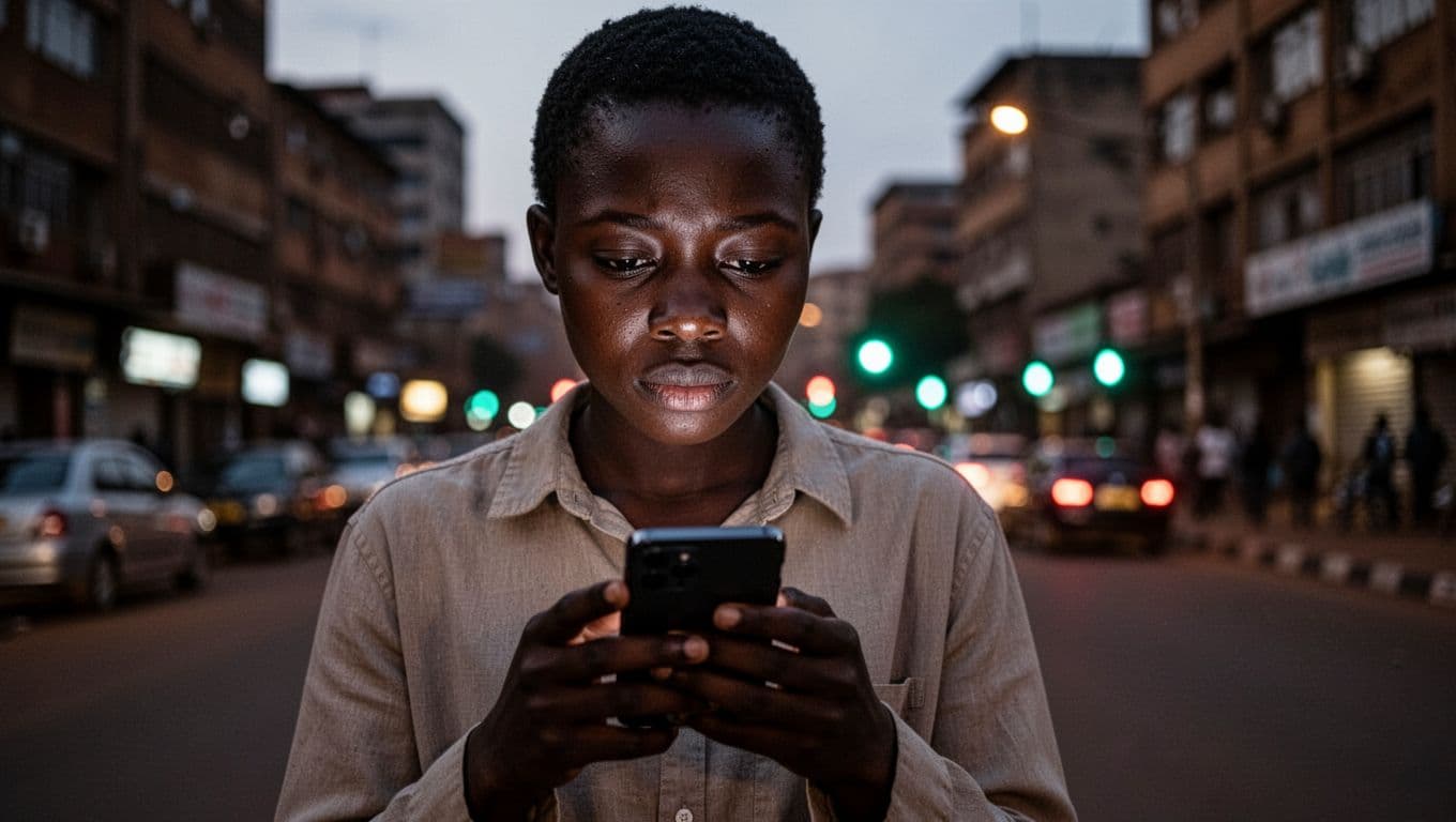 One person on a dimly lit urban Nairobi street at dusk, thoughtfully checking a glowing smartphone screen with a cautious expression, blurred city buildings and traffic lights in the background, realistic photography emphasizing privacy.