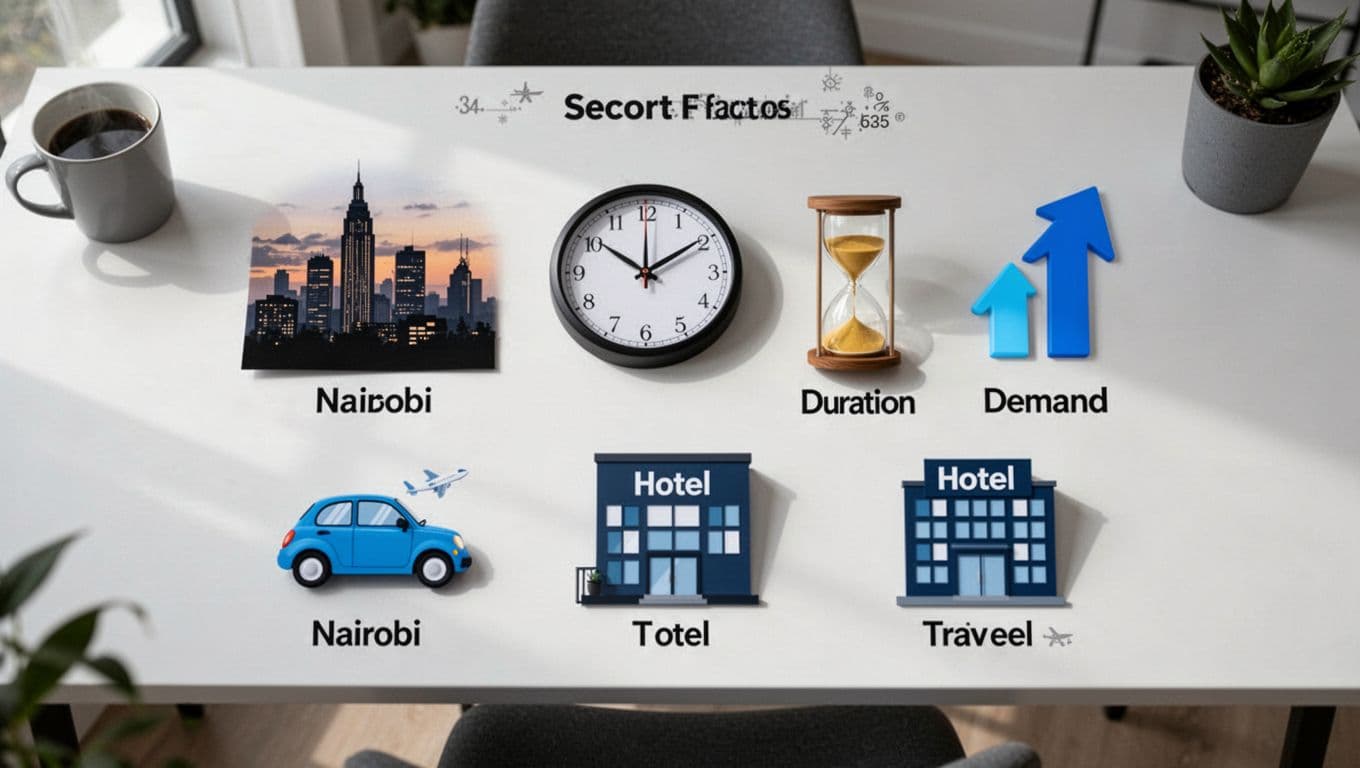 Photorealistic top-down view of six icons arranged on a clean modern desk, representing key factors affecting escort prices in Nairobi: skyline silhouette, evening clock, hourglass, upward demand arrow, car, and hotel building.