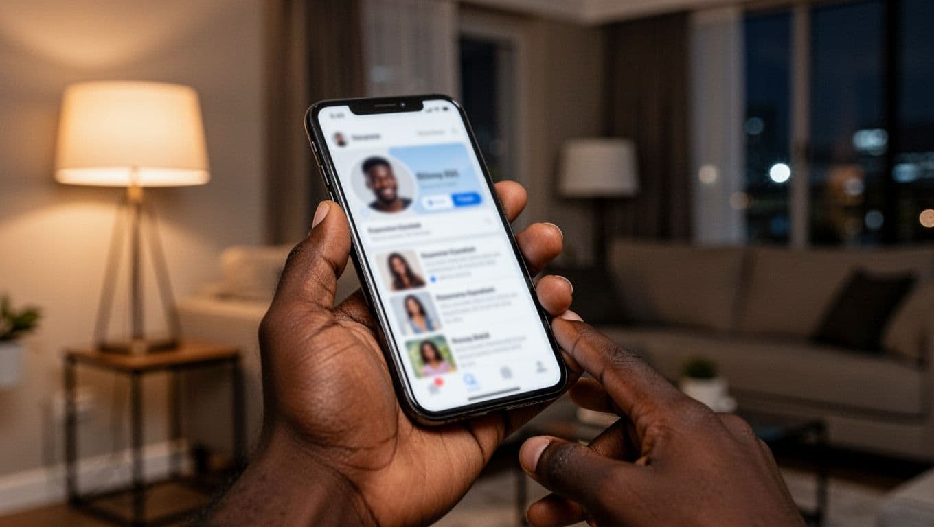 A young man's hand holds a smartphone in a modern Nairobi apartment at night, screen angled away showing blurred indistinct profile interface with placeholder photos and text, illustrating safe mobile selection process.