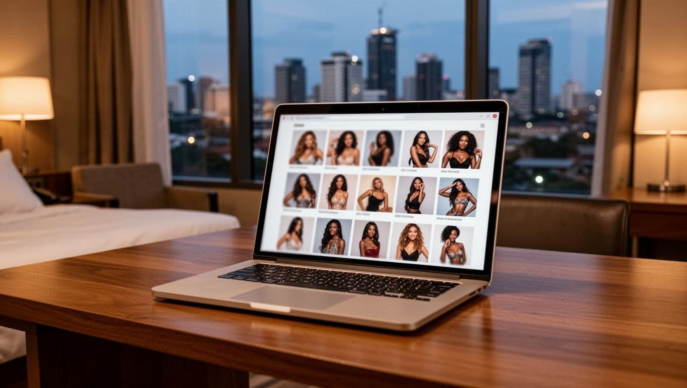Professional laptop on wooden desk in modern Nairobi hotel room with evening city skyline view, screen showing clean grid of blurred diverse escort profile thumbnails, soft warm lighting, high detail realistic photo.