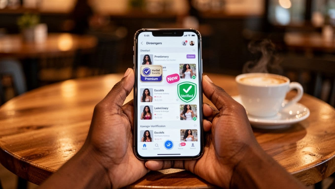 A hand holds a smartphone at a cozy cafe table, its screen softly blurred to show directory interface badges like verified, premium, and new for Nairobi escorts listings. Warm lighting enhances the realistic, intimate atmosphere with no readable text, people, or extra items visible.
