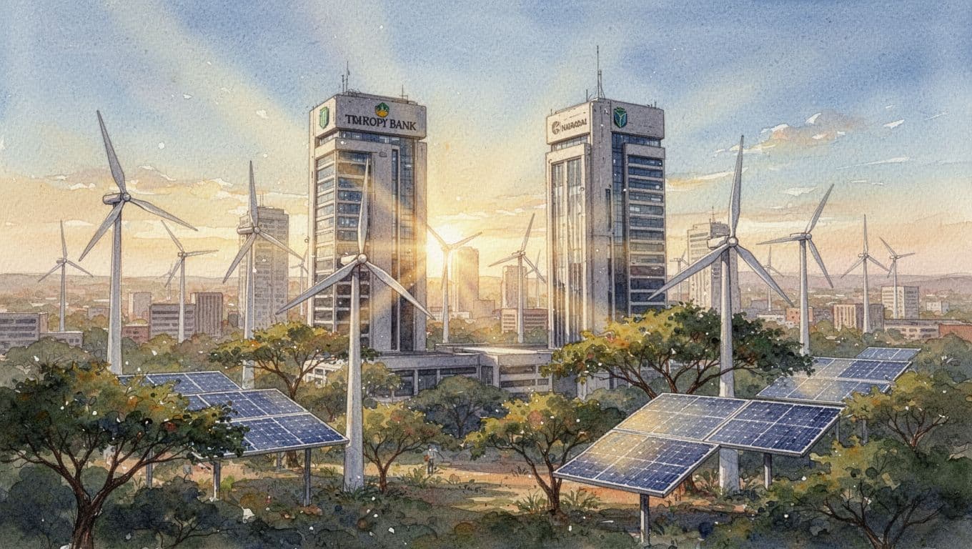 A vibrant watercolor depiction of Nairobi's future skyline, featuring sturdy bank buildings integrated with green finance elements like wind turbines, solar panels, and growing trees, bathed in optimistic golden hour sunlight.