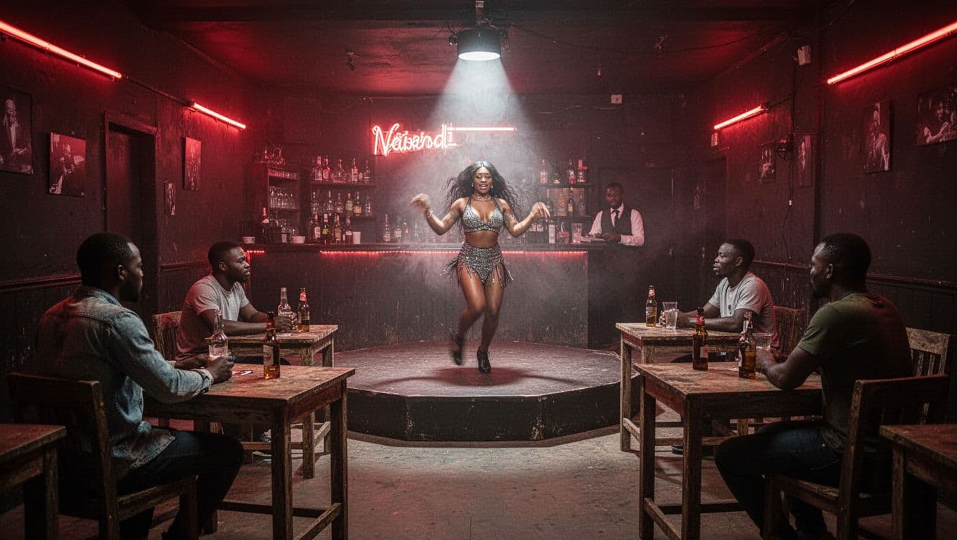 Adult Entertainment in Nairobi for Foreign Visitors at Night Interior of a basic Nairobi go-go bar at night with a small central stage featuring one female dancer in motion under spotlight, four male customers seated at tables around the stage, bartender behind a simple bar, dim red neon lighting and shadows creating a smoky atmosphere with rough wooden tables and chairs.