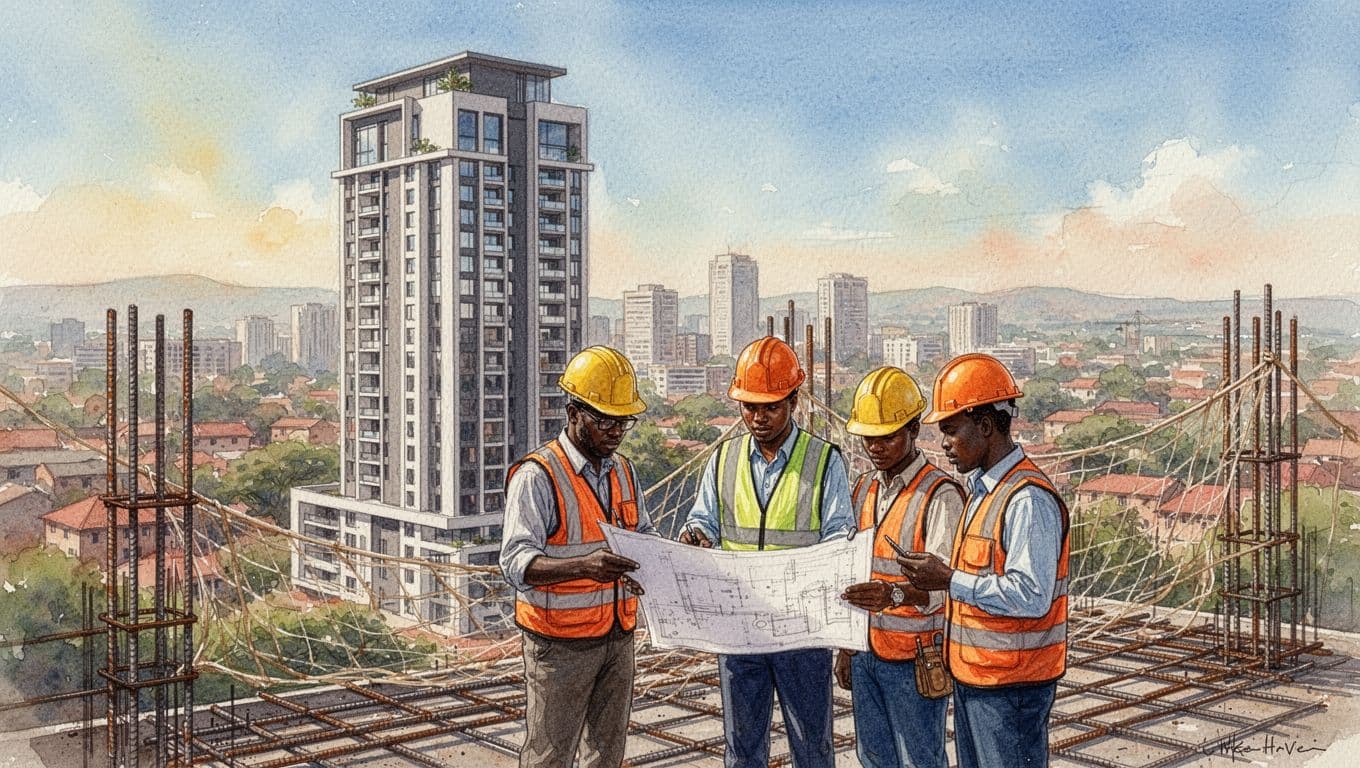 Watercolor depiction of a modern Kenyan high-rise under strict NCA inspection in Nairobi skyline, featuring one inspector and two workers in safety gear reviewing plans amid compliance elements like rebar and safety nets on a sunny day.