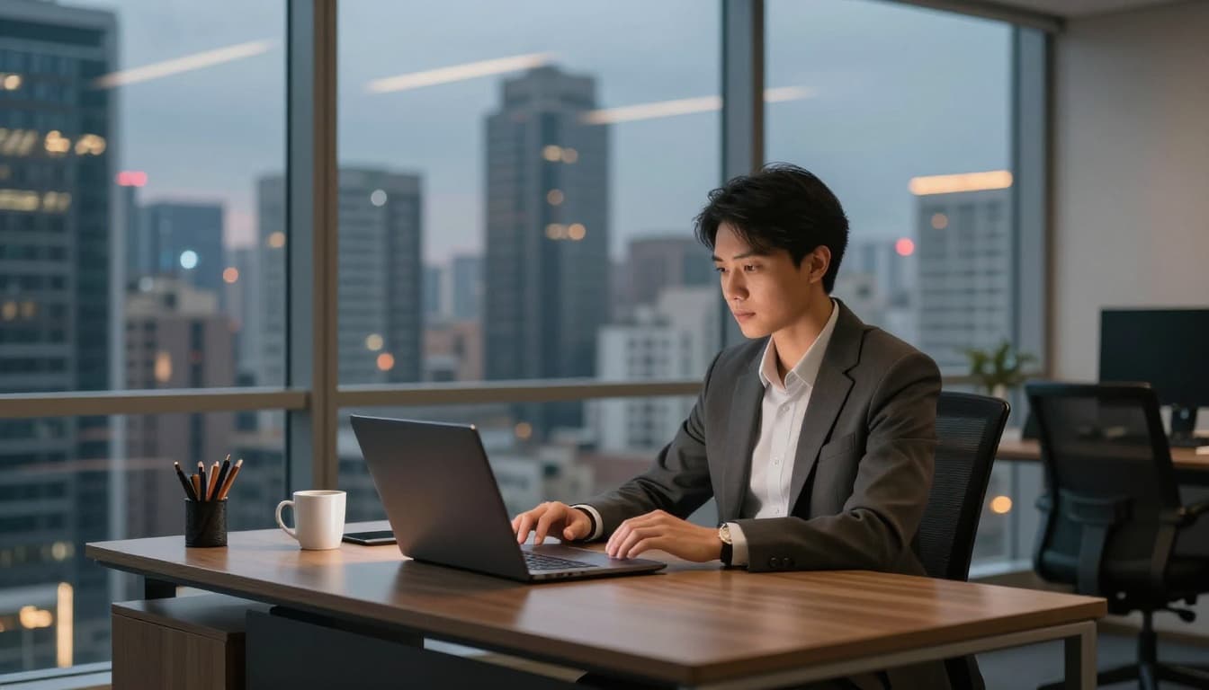 A modern private office suite inside a Nairobi high-rise building with an executive desk, laptop, coffee mug, and a large window overlooking the city skyline at dusk, featuring one seated professional in a realistic photo style.