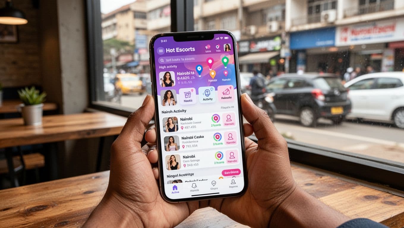 A hand holds a smartphone in a casual urban cafe, displaying the vibrant Nairobi Hot Escorts site with active profiles, service categories, high activity indicators, and highlighted Nairobi locations under natural daylight.