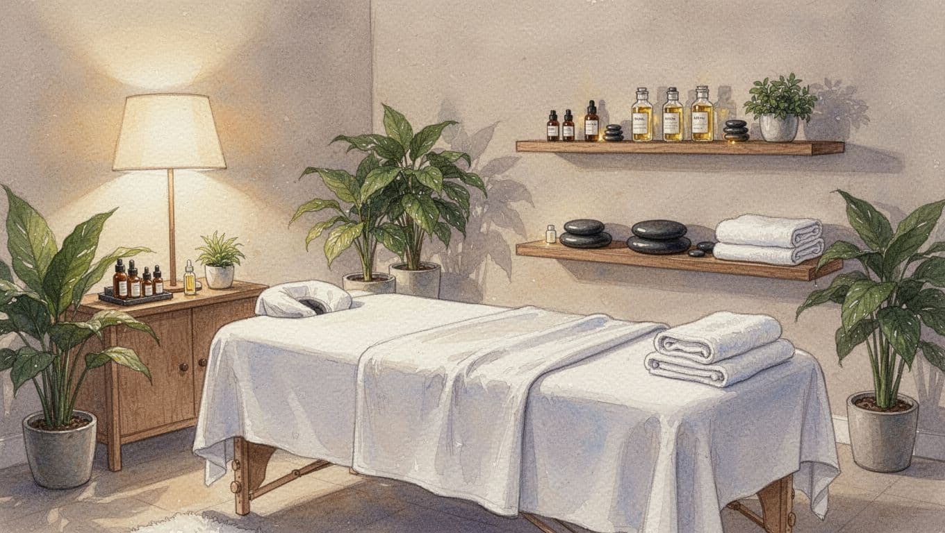 Welcoming cozy interior of a professional massage spa room at Nairobi Hot Massage & Spa, featuring a draped massage table, oils, hot stones on a shelf, potted plants, soft lamp lighting, and folded towels in a serene empty atmosphere, watercolor style.