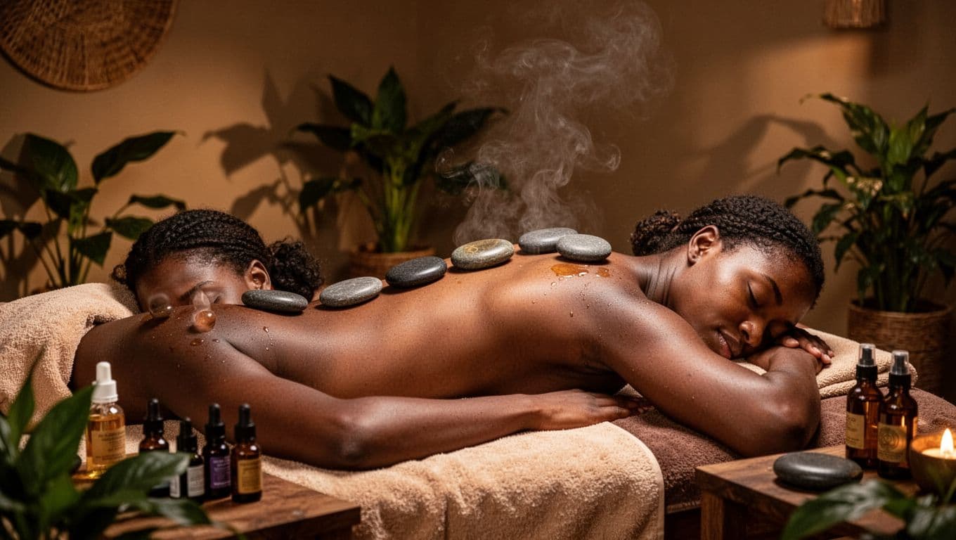Smooth heated basalt stones placed along the spine, shoulders, and chakras on the back of a relaxed client lying face down on a massage table in a tranquil Nairobi spa room with dim warm lighting, essential oils, and plants.