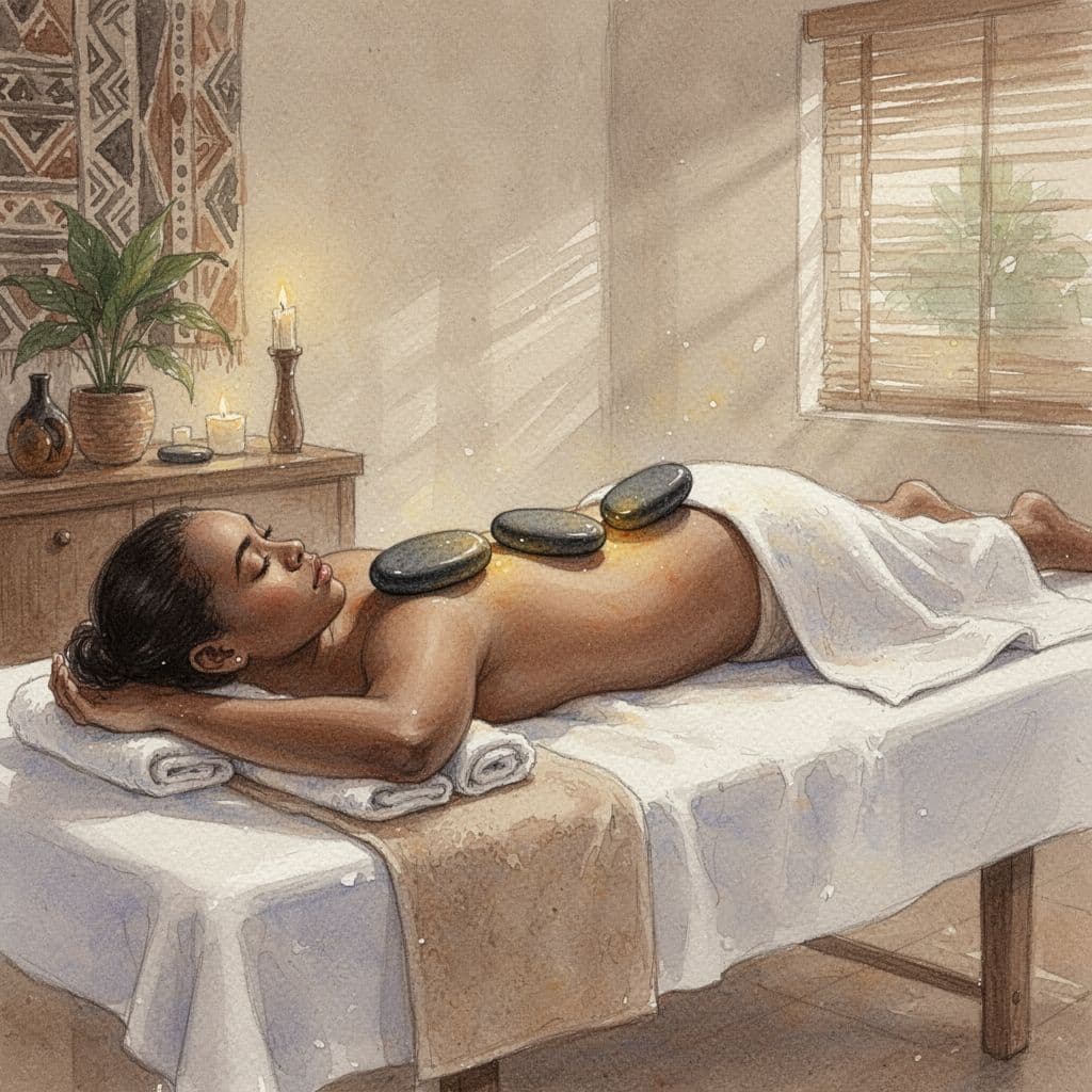 A person receives a soothing hot stone massage in a peaceful, warm-toned spa environment.